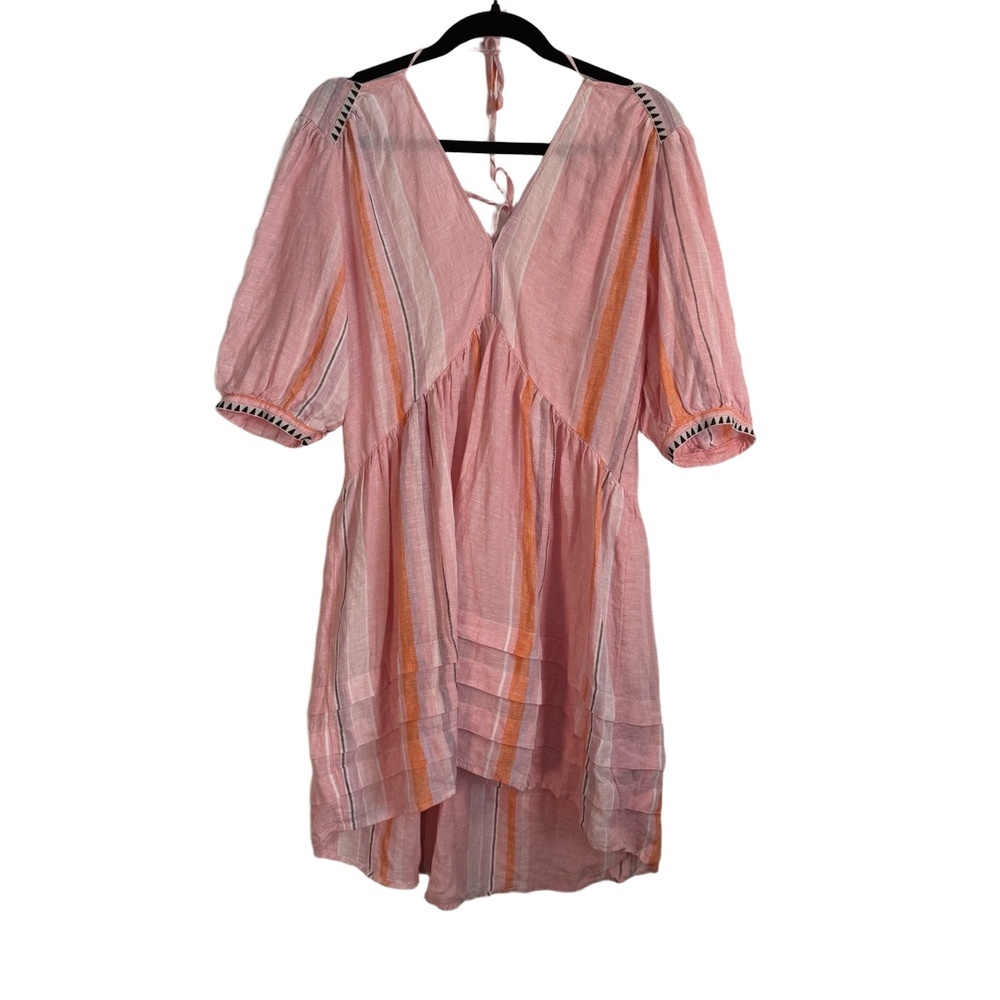 Lemlem X H&M Mini Linen Dress Small Pink Casual Vneck Puff Sleeves Open Back